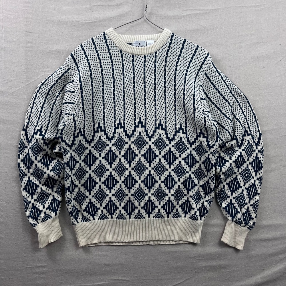 Jockey Sweater Large‎ Blue Cream Geometric Cotton Knit Crew Neck Vintage Style